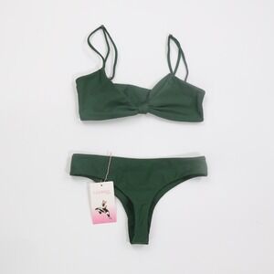 Oceanus Inez Bikini Set Knotted Front Power Mesh L Green Swimwear Vacation #$355